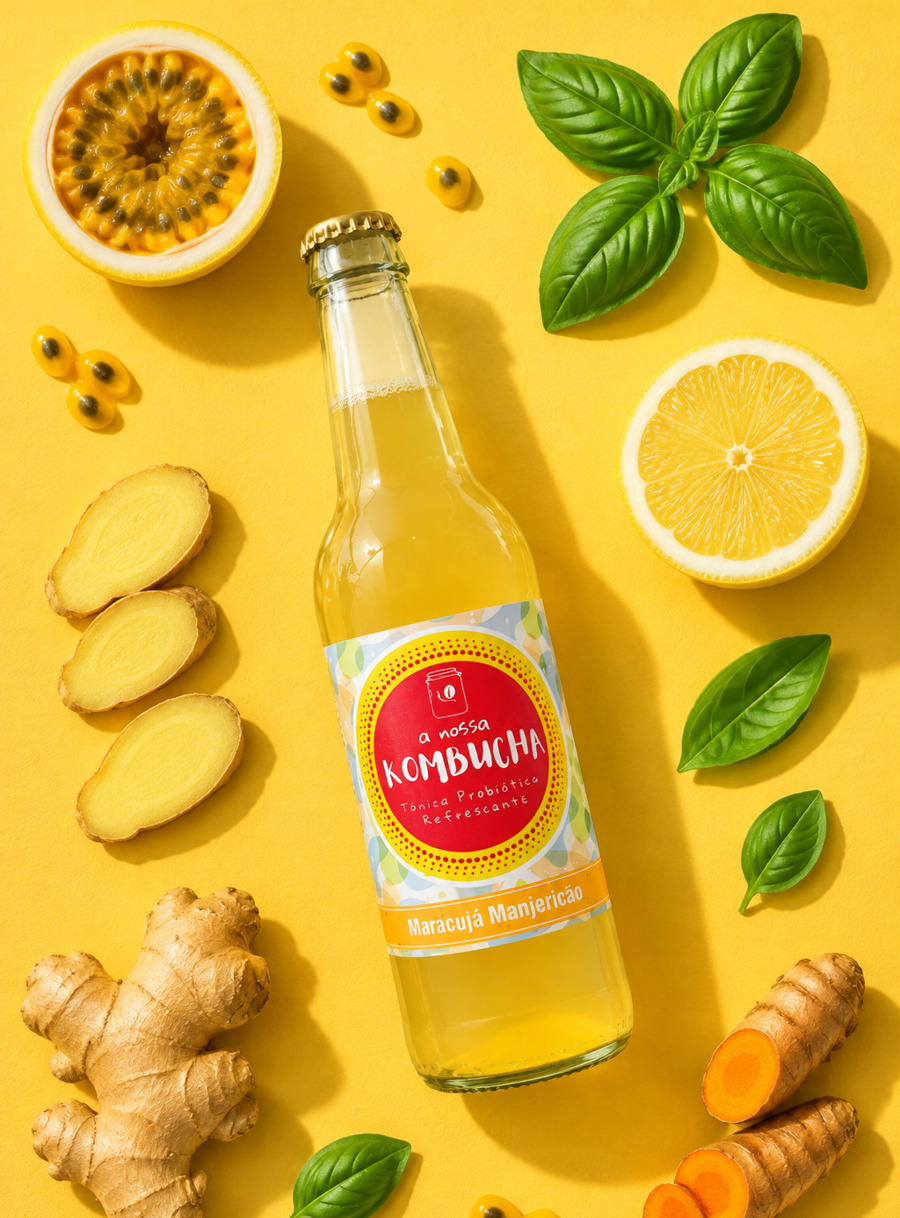 Garrafa de kombucha Maracujá & Manjericão rodeada de gengibre, cúrcuma, manjericão e maracujá em fundo amarelo