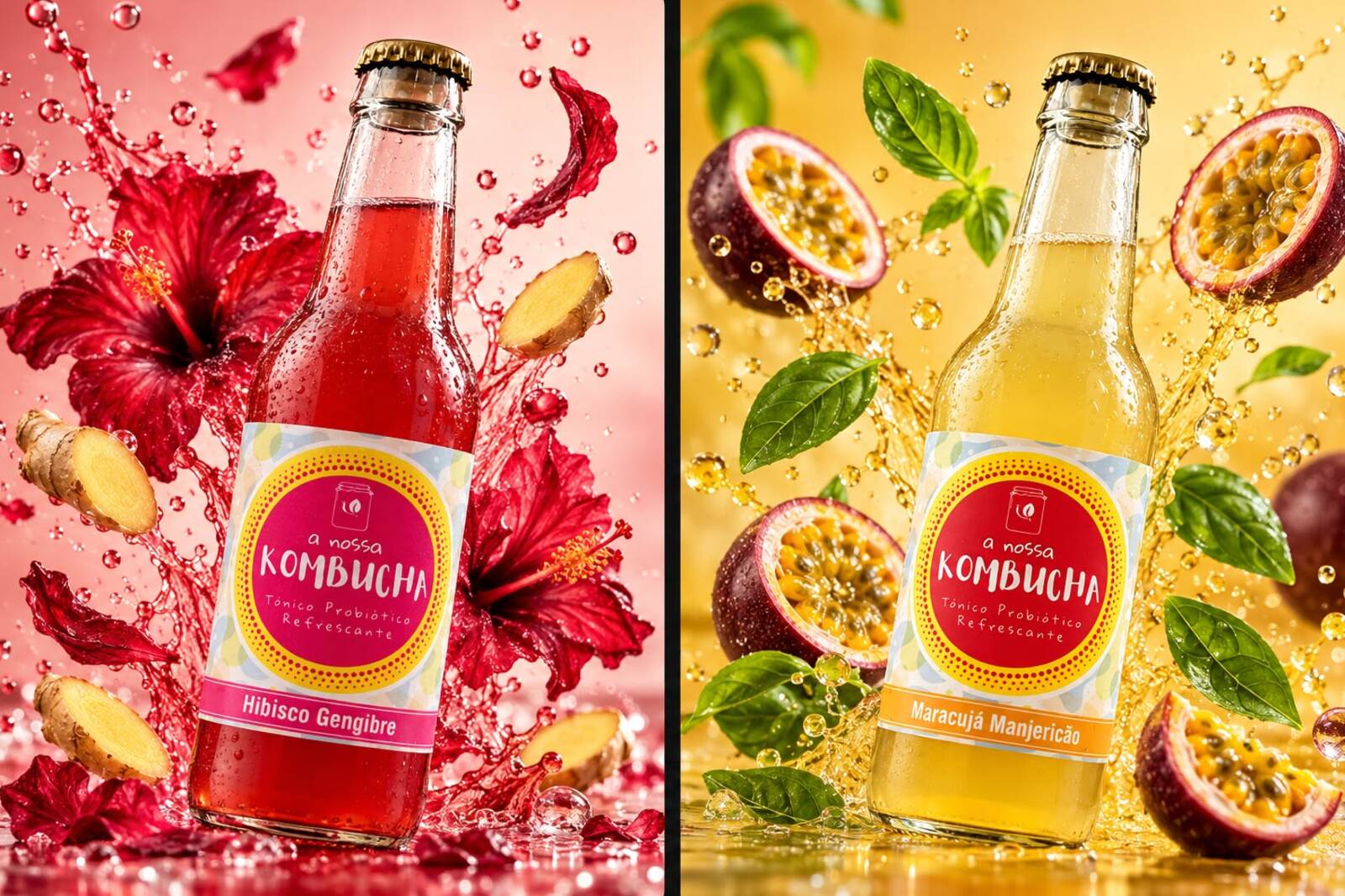 Campanha A Nossa Kombucha — Hibisco & Gengibre e Maracujá & Manjericão em respingos vibrantes
