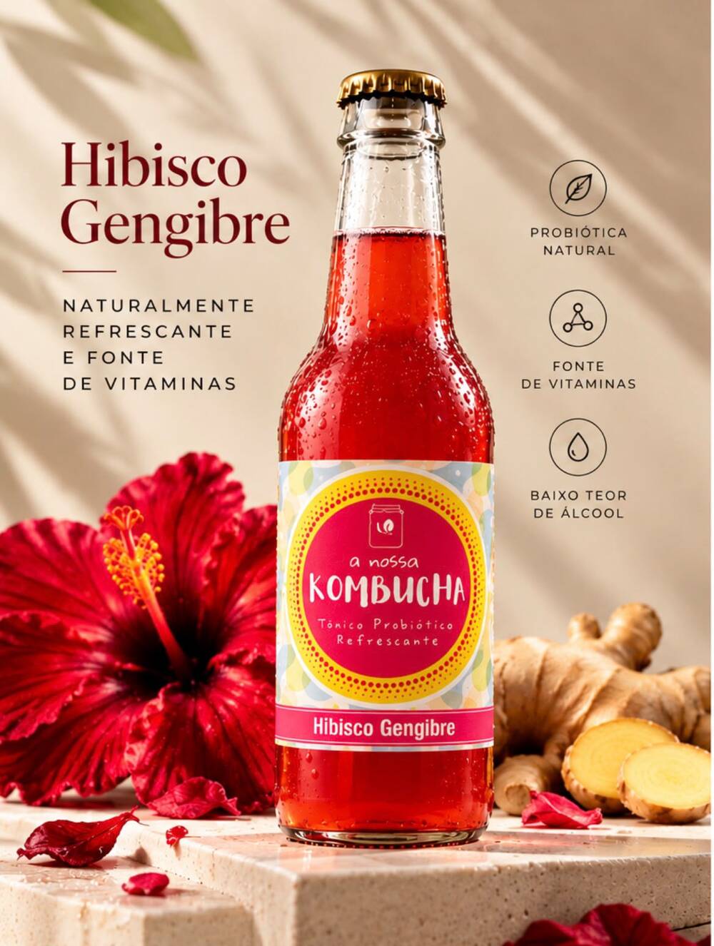 Cartaz A Nossa Kombucha Hibisco & Gengibre — naturalmente refrescante e fonte de vitaminas