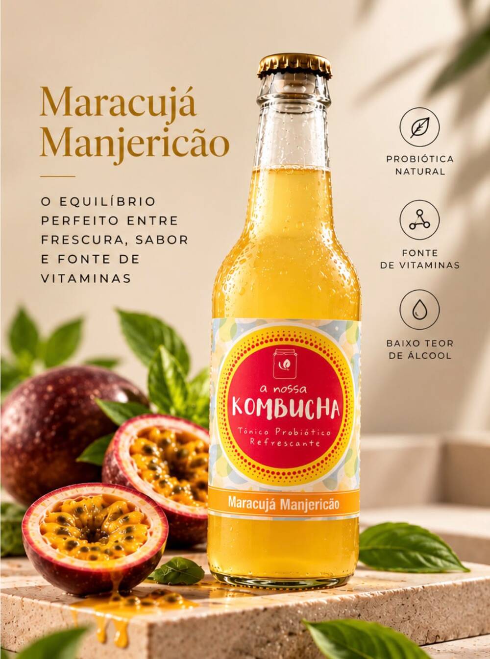Cartaz A Nossa Kombucha Maracujá & Manjericão — o equilíbrio perfeito entre frescura, sabor e vitaminas